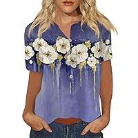 Collared Shirts for Women Boho Floral Print Short Sleeve Tops Henley Neck Summer Blouses Fitted Shirts Dressy Casual