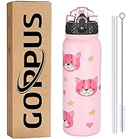 GOPPUS Kids Water Bottle with Straw Lid 20 oz Cat printing Double Walled Metal Insulated Stainless Steel Sports Water Bottles Leak Proof with Strap Handle for Boys Girls School(1 Lid)