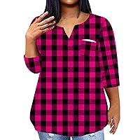 Plus Size Tops for Women 2024 Plaid Pattern Sparkly Fashion Versatile Loose with 3/4 Sleeve Round Neck Shirts