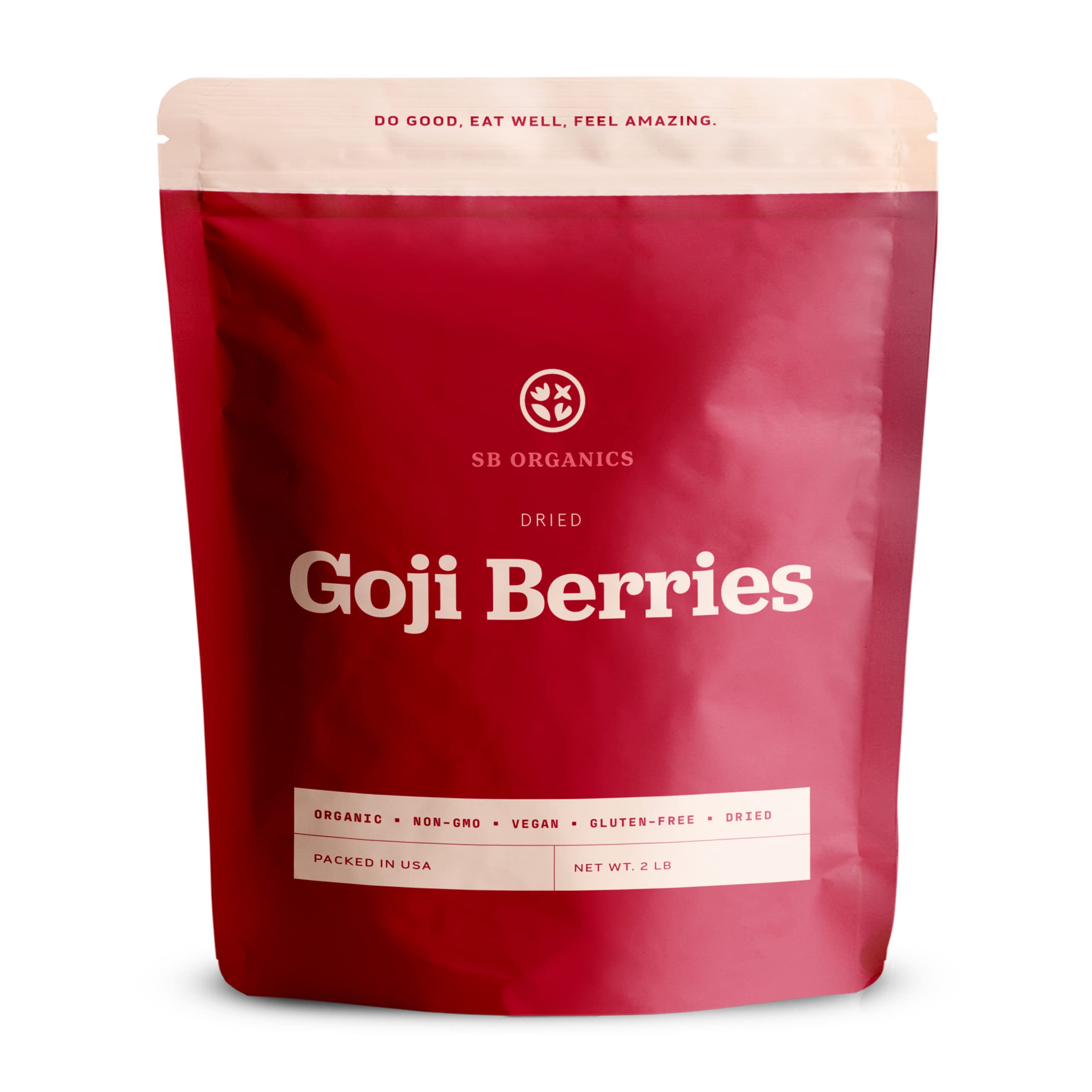 SB Organics Goji Berries - 2lb 1 Pack Bag of Organic Non-GMO Vegan Dried Goji Berry - Free of Sulfites, Gluten, Dairy, and Soy