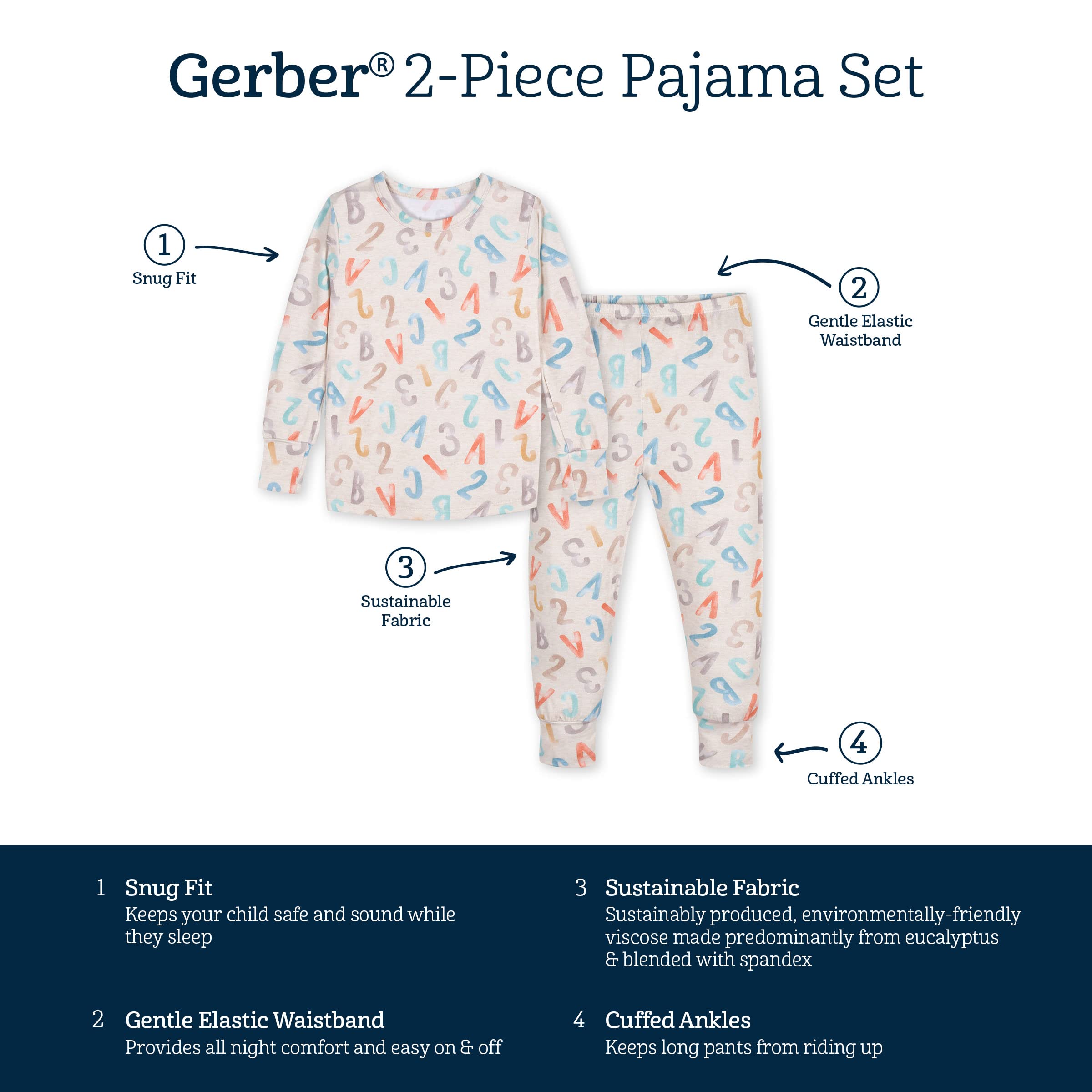 Gerber Unisex Baby Toddler Buttery Soft 2-Piece Snug Fit Pajamas with Viscose Made from Eucalyptus