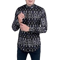 Men's Batik Shirt Black Long Sleeve Geometrical Pattern