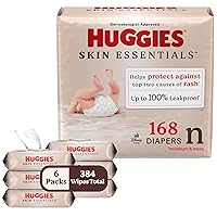 Huggies Skin Essentials Bundle: Huggies Skin Essentials Baby Diapers, Size Newborn (6-9 lbs), 168 Count (3 Packs of 56) & Huggies Skin Essentials Baby Wipes, 336 Count (6 Packs of 56)