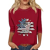 2024 Trendy 4th of July 3/4 Sleeve Womens Tops Casual Loose Patriotic Crew Neck Red White and Blue Shirts Summer Blouse