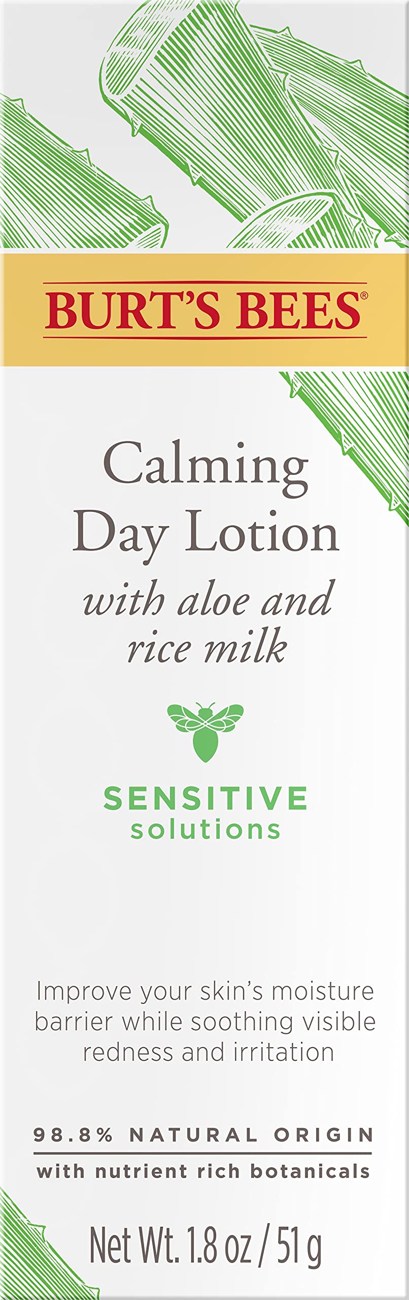 Burt's Bees Sensitive Solutions Calming Day Lotion with Aloe and Rice Milk, 98.8% Natural Origin, 1.8 Fluid Ounces