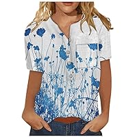 Women Short Sleeve Blouse T Shirt Tops Women's Summer Casual Fashion Button Down Tees Cotton Linen Printed Shirt