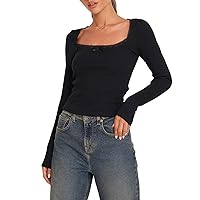 Women Square Neck Long Sleeve Cropped T Shirts Slim Fit Lace Trim Crop Top Y2K Ribbed Shirt Going Out Tops Blouses