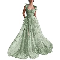 Eightale Long Tulle Lace Prom Dresses with Appliques Split Butterfly 3D A Line Formal Evening Gowns