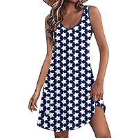 Red White and Blue Dress for Girls 4th of July Dress Women 2024 American Print Vintage Fashion Casual with Sleeveless Round Neck Sundresses Dark Blue Small