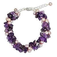 NOVICA Handmade Cultured Freshwater Pearl Amethyst Beaded Bracelet Pink Silver Plated Brass Purple White Thailand Orchid Birthstone 'Gracious Lady'