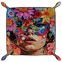 Art Flower Woman Microfiber Leather Dice Trays Folding for RPG DND Table Games, Leather Dice Holder Storage Box Portable Folding Rolling Dice Tray, 20.5x20.5cm