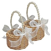 Flower Girl Basket Set of 2 Rattan Flower Basket with Pearl Handle and Bow Decorative Flower Girl Baskets, Style1