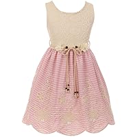 One Piece Cotton Embroidery Dress Stripes Bottom with Fashionable Belt for Girl