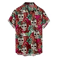 Mens Skull Print Shirts Short Sleeve Button Down Novelty T-Shirts