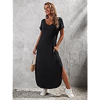 Women's Dress Slant Pocket Split Hem Tee Dress (Color : Black, Size : X-Small)
