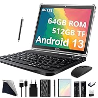 2024 Latest Tablet 10 Inch Android 13, 4G LTE Tablets with 2 SIM 1 SD, 3-in-1 Tablet with Keyboard Mouse Pen 64GB ROM 512GB TF Octa-Core 1080P FHD 13MP 6000mAh Bluetooth WLAN GPS Type C Black