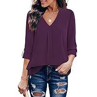 Youtalia Womens 3/4 Cuffed Sleeve Chiffon Printed V Neck Casual Blouse Shirt Tops