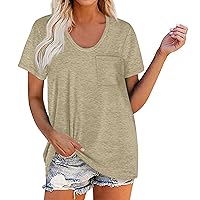 Shirt Sleeve Shirts for Women Plain T Shirts for Women Simple Classic Casual Trendy Versatile with Short Sleeve V Neck Pockets Blouses Khaki 4X-Large