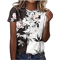 Women's Crewneck Tshirts Fashion Printed Short Sleeve Blouses Comfy Casual Tee Color Block Summer T Shirt Tunic