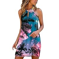 Summer Dresses for Women 2024 Floral Hollow Out Halter Neck A-Line Dress Cold Shoulder Casual Beach Mini Sundresses