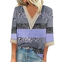 Casual V Neck T-Shirt for Women 2024 Trendy Loose Fit Printing 3/4 Sleeve Blouses Oversized Cute Fitted Soft Tops