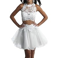 White Halter Lace Appliuqe Beaded Two Piece Short Cocktail Dress