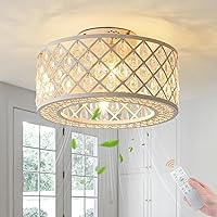 18-Inch Crystal Fan Light, Lantern-Shaped Industrial Chandelier, with Remote Control, Suitable for Indoor Places Such as Room and Living Room, Including Bulb (White)