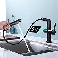 LED Bathroom Faucet with Pull Out Sprayer, Matte Black Bathroom Tall Faucet with Temperature Digital Display Kitchen Sink Faucet 1 Hole Single Handle Faucet for Farmhouse RV
