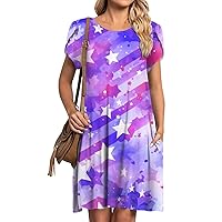 Summer Dress for Women Petal Sleeve Crew Neck Star Dye Print Dress Ruffle Flowy Loose Fit Tshirt Dress with Pockets