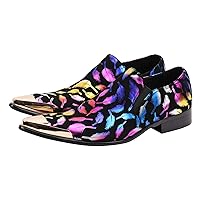 Mens Loafers Pointed Toe Leather Fashion Printed Metal Tip Western Dress Shoes