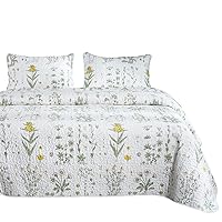 Wake In Cloud - Botanical Quilt Set, Yellow Flowers Green Leaves Floral Pattern Printed on White, 100% Cotton Fabric with Soft Microfiber Inner Fill Bedspread Coverlet Bedding (3pcs, King Size)