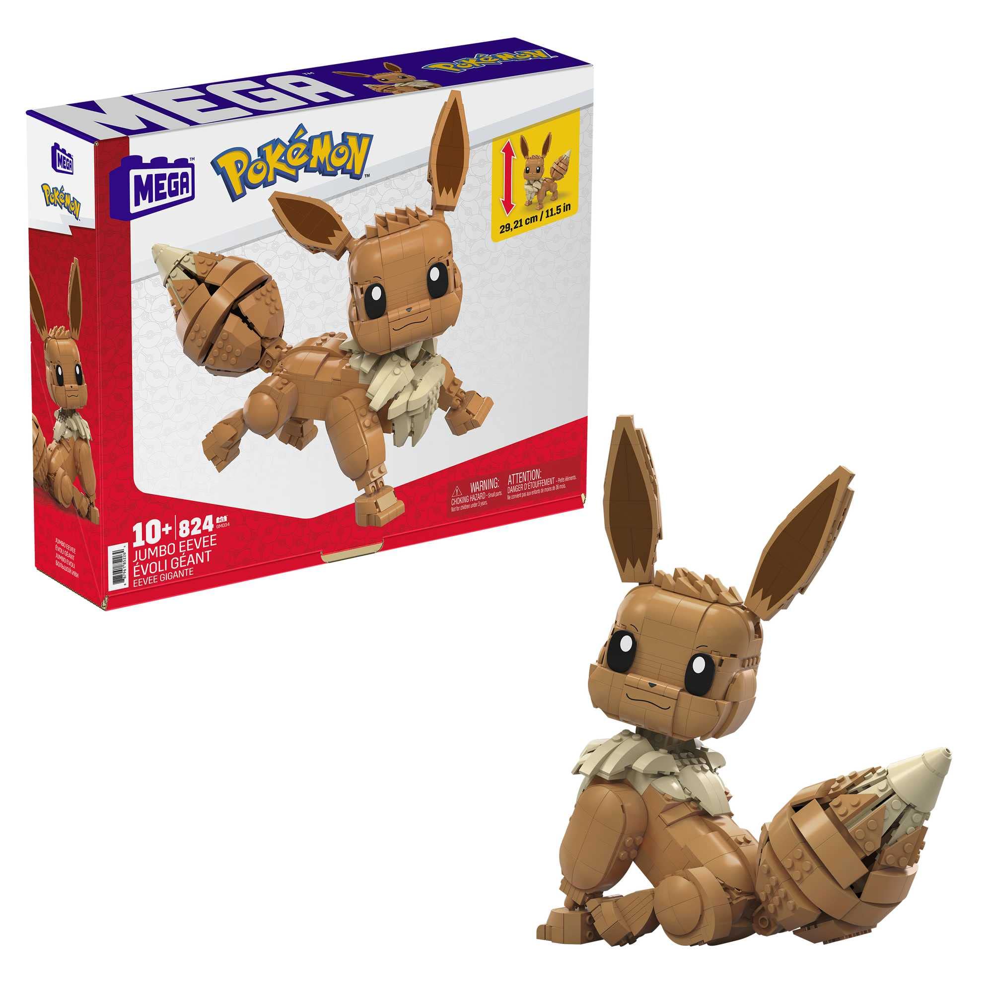 Mega Pokémon Jumbo Eevee Toy Building Set, 11 inches Tall, poseable, 824 Bricks and Pieces, for Boys and Girls, Ages 6 and up​