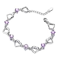 GTB2031 S925 Sterling Silver Bracelet, Cushion Simulated Amethyst Heart Link Bracelet Silver. Includes Holiday Fancy Suede Red Gift Box.
