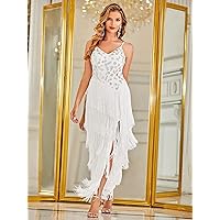 Women's Dress Fringe Trim Split Thigh Sequin Formal Dress Dress for Women (Color : White, Size : Medium)