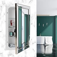 Head West Champagne Silver Metro Beaded Beveled Recessed Medicine Cabinet with Mirror, Bathroom Wall Mount Storage Organizer with Glass Shelves - 16
