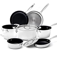Nuwave 9pc Stainless Steel Pro-Smart Cookware Set, Tri-Ply Heavy-Duty Construction, Ergonomic Stay-Cool Handles, Duralon Blue Healthy Non-Stick Ceramic Coating, Induction-Ready & Works on All Cooktops