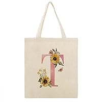 Sunflower Pink Initial Alphabet Monogram Letter T Canvas Tote Bag with Handle Cute Book Bag Shopping Shoulder Bag for Women Girls