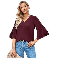 Flygo Women's Summer Dressy Blouses V Neck 3/4 Bell Sleeve Tunic Tops for Leggings Tiered Ruffle Sleeve Casual Shirts(WineRedRuffle-S)