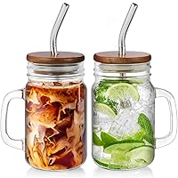 Mason Jar Cups with Lids and Straws, 16oz Mason Jar with Handle, Iced Coffee Glasses Cups, Glass Cups with Acacia Wood Lids, Mason Jar Drinking Glasses Cups Set of 2