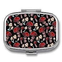 Portable Small Pill Case, Goth Red Mushrooms Mini Travel Pill Box with 2 Compartment, Cute Metal Pill Container Holder for Medicine, Vitamin, Fish Oils