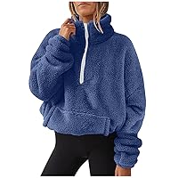 Women Half Zip High Neck Fuzzy Fleece Sweatshirts Drop Shoulder Long Sleeve Soft Pullover with Pockets Fuzzy Tops