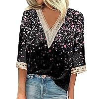 Tops for Women Casual Summer 3/4 Sleeve Womens 2023 Autumn 3/4 Sleeve Sexy Lace V Neck Casual Loose Tunic Blouse