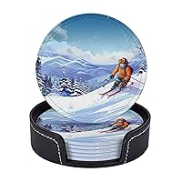 Drink Coaster Set of 6 Winter Skiing Leather Coaster with Holder Heat Resistant Coffee Cup Mat Tabletop Protection Cup Pad Round Coasters for Table Desk Kitchen Office