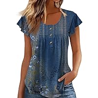 Log in Turtle Necks Tops for Women Dressy Womens Summer Basic Tees Women's Summer Top, Ruffled Short Sleeved Pleated Button Round Neck Shirt Casual Loose Tunic Top 2024 Fashion Trend (r b，XXL)