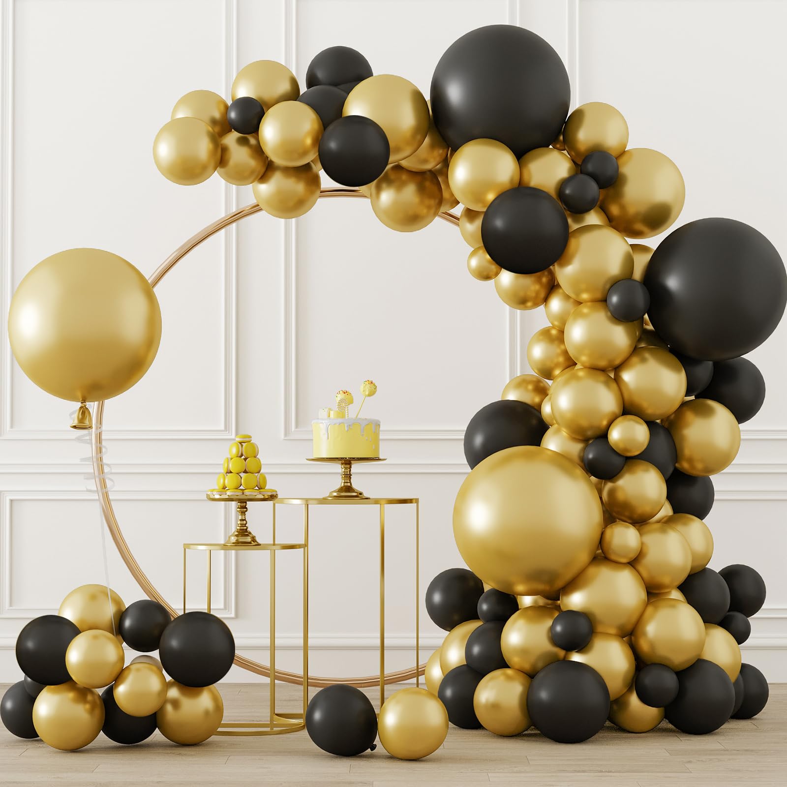 RUBFAC 92pcs Metallic Gold Balloons and 105pcs Dark Green Balloons Different Sizes 5/10/12/18 Inch Balloon Garland Kit for Birthday Party Wedding Holiday Decorations