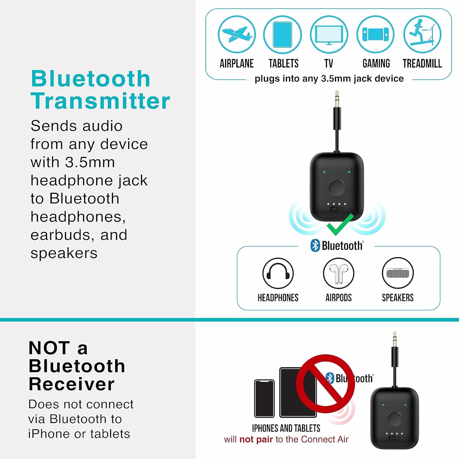 MEE audio Connect Air (2 PACK) in-Flight Bluetooth Wireless Audio Transmitter Adapter for up to 2 AirPods/Other Headphones; Works with All 3.5mm Aux Jacks on Airplanes, Gym, TVs, & Gaming, Black&White