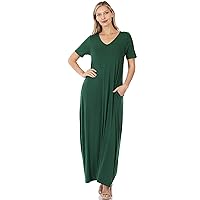 Zenana V-Neck Short Sleeve Maxi Dress with Side Pockets Dk Green S