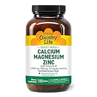 Country Life Target Mins Calcium-Magnesium Zinc with Vitamin D, 1000mg/500mg/25mg 180 Count, Certified Gluten Free, Certified Vegan
