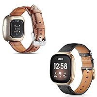 Maledan 2-Pack Grain Leather Bands Compatible with Fitbit Versa 3 and Fitbit Sense Smartwatch