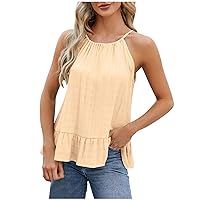 Women Sleeveless Halter Pleated Tank Top Ruffle Flowy Shirts Fashion Solid Camisele Loose Fit High Neck Tunic